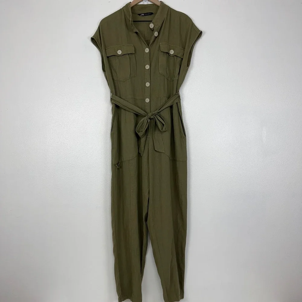 Zara Utility Jumpsuit Women L Olive Green Linen Blend Belted Short Sleeve Safari